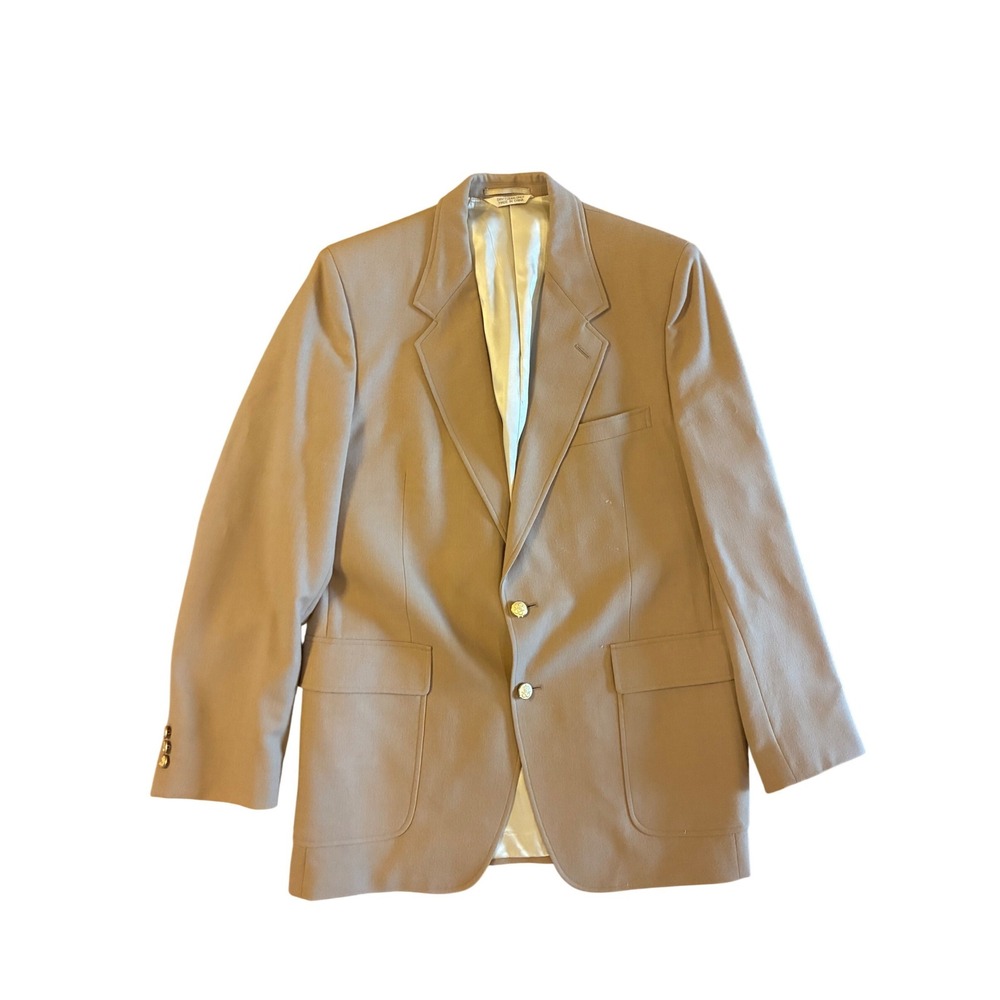 Woodmere Mens Vintage Y2K‎ Hand Tailored Blazer Taupe Tan Gold Crest Buttons 44L